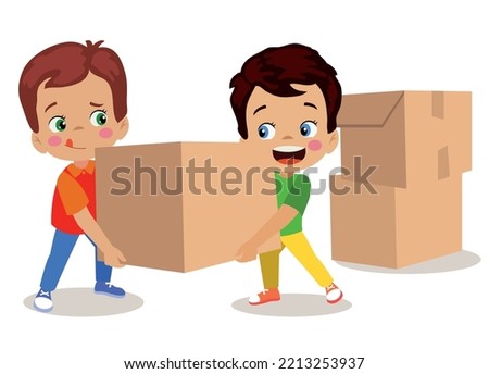 cute kids carrying heavy boxes