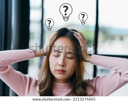 Thinking woman touching head on many question with virtual pink brain signs above, idea, innovation, asking study concept.