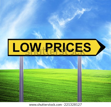 Conceptual arrow sign against beautiful landscape with text - LOW PRICES