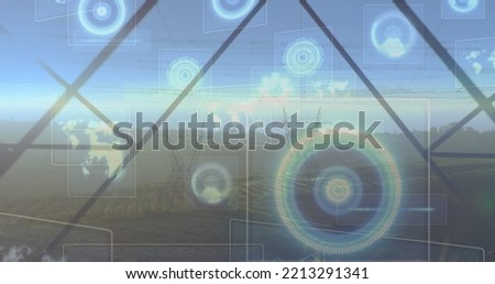Composition of data processing with scope scanning over electricity pylons. Global technology, computing and digital interface concept digitally generated image.