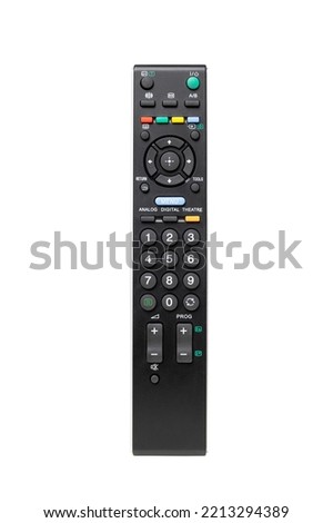 Back view of black remote control for TV with clipping path on a white background