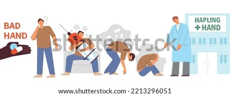 The process of a man who came into contact with drugs out of curiosity and collapsed. The bad hand to seduce drugs and the good hand to help the drug addict. flat vector illustration. Royalty-Free Stock Photo #2213296051