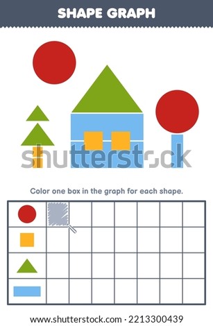 Education game for children count how many shape of circle square triangle and rectangle then color the box in the graph printable shapes worksheet Royalty-Free Stock Photo #2213300439