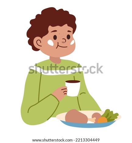 Boy kid eating sausages and green salad leaves, drinking cup of tea for breakfast or lunch, dinner or supper. Nutrition of children at home or school. Isolated personage, vector in flat style