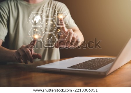 Businessman hand touch for information with hologram via cloud computing diagram. Networking and Data storage.Planning and strategy concept. Success business concept.