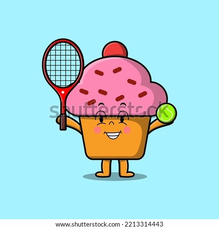 Cute cartoon Cupcake character playing tennis field in flat cartoon style illustration