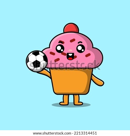 Cute cartoon Cupcake character playing football in flat cartoon style illustration