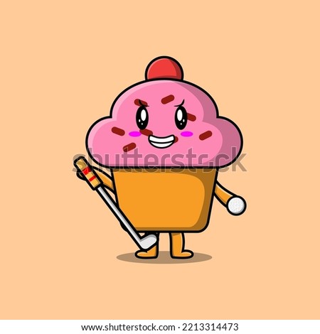 Cute cartoon Cupcake character playing golf in concept flat cartoon style illustration