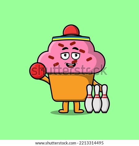Cute cartoon Cupcake character playing bowling in flat modern style design illustration