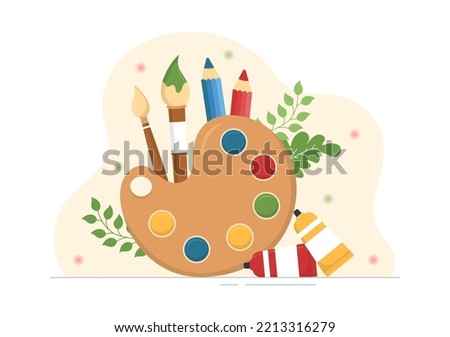 Art School of Painting with Live Model or Object using Tools and Equipment in Template Hand Drawn Cartoon Flat Illustration