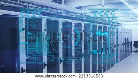 Image of data processing over server room. Global business and digital interface concept digitally generated image.