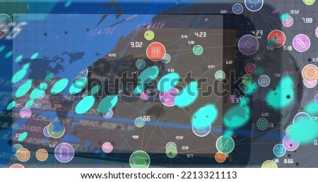 Image of graphs, connections with icons and world map over social media on smartphone. Global finance, economy, network and technology concept digitally generated image.