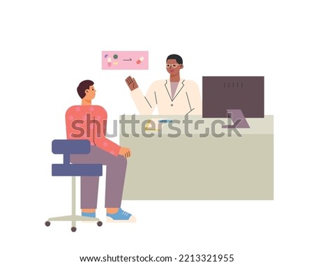 A drug abuse addict and a doctor are consulting. flat vector illustration.