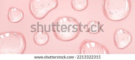 Abstract background with clear serum or gel drops with air bubbles. Closeup of pure skincare cosmetic product, transparent lotion droplets, vector realistic illustration Royalty-Free Stock Photo #2213322315