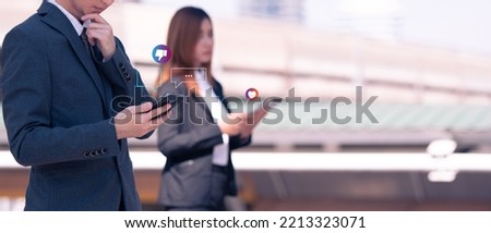 Business people using smartphone texting Live chat chatting on social network, chatting conversation working at home in chat box icons pop up. Social media marketing technology concept.