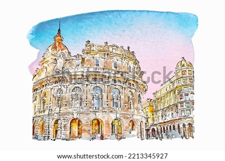 Piazza de ferrari italy watercolor hand drawn illustration isolated on white background