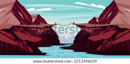 Vector illustration of a beautiful bridge over the canyon. Cartoon mountains landscape with a river in the middle of a canyon through which an old wooden bridge passes. Royalty-Free Stock Photo #2213346039