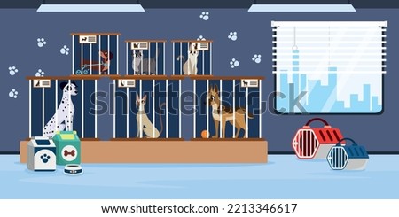 Vector illustration of modern interior animal shelter. Cartoon interior with dogs and cats in cages, food, portable cages, window with access to the city.
