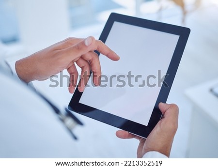 Tablet, screen mock up and business hands for digital marketing, advertising or social media app software background. Corporate user typing or scroll on technology mockup for logo and website space