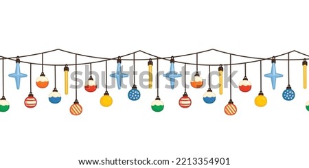 Christmas star light bulb and ornament continuous kawaii doodle flat cartoon vector illustration