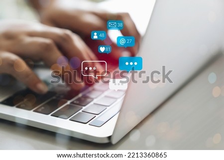 Contact us or Customer support hotline people connect. Business people using a laptop computer with the (email, call phone, mail) icons. Royalty-Free Stock Photo #2213360865