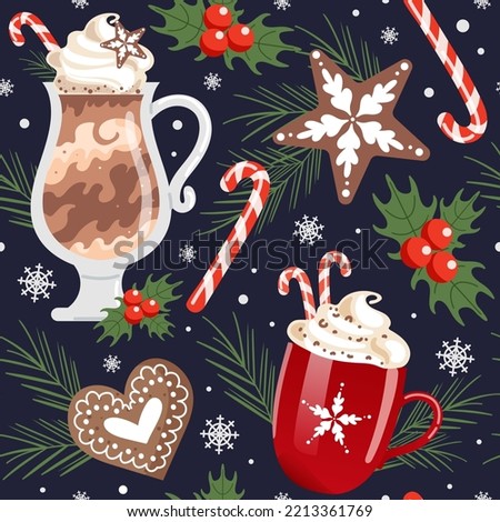 Winter Christmas drinks, seamless pattern. Hot chocolate and whipped cream. candy cane. Gingerbread in the form of snowflakes and hearts. Spruce and holly. For food for cafe, wallpaper, fabric