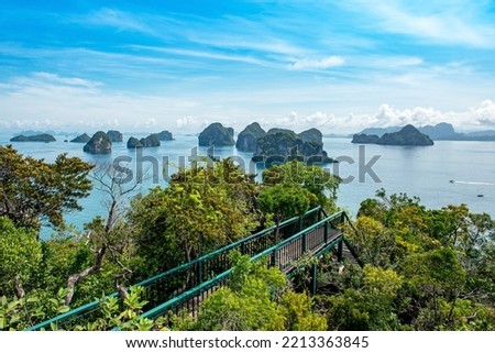 Beautiful natural view scenery landscape at tropical island, Hong island, Krabi, Thailand. Famous landmark of tourist destination. Summer vacation Concept. Aerial view.