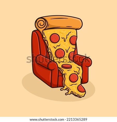Pizza Sitting On The Red Sofa Cartoon Vector Illustration