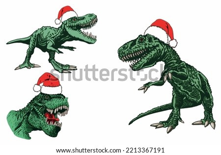 Vector set of color dinosaurs in Santa Claus red hats isolated on white background, dino collection