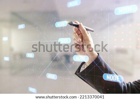 Multi exposure of developer's hand with pen working with abstract creative coding sketch on blurred office background, artificial intelligence and neural networks concept