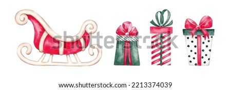 Christmas watercolor set. Isolated on white background. Christmas symbols and objects - sleigh, present boxes. Festive design for cards, banners, invite