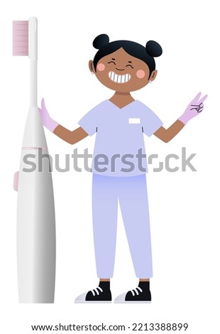 Female dentist with tooth brush on white background