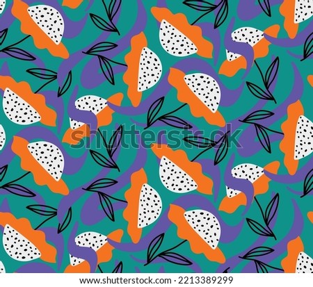 Abstract Hand Drawing Geometric Retro Daisy Flowers Leaves and Swirls Seamless Vector Pattern Isolated Background