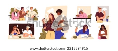 People smoking set. Men, women smokers with electronic cigarettes, e-cigs, vape, PNV, tobacco on street, in cafe. Smoke addiction concept. Flat vector illustrations isolated on white background