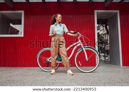 Bike, fashion and black woman cycling for sustainability, eco friendly and carbon footprint in the city of Norway. Happy, smile and relax African girl with bicycle to travel for sustainable lifestyle