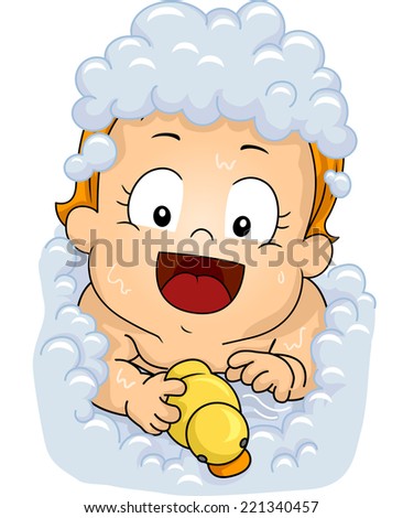 Illustration Featuring a Female Baby Playing With a Rubber Duckie While Soaking in a Bubble Bath