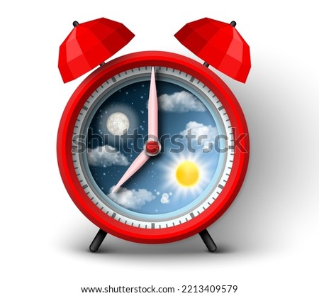 Circadian rhythm vector. Alarm clock 3d illustration. Day and night change, health, sleep and activity regulation. Twenty-four hours life. Chronobiology concept Royalty-Free Stock Photo #2213409579