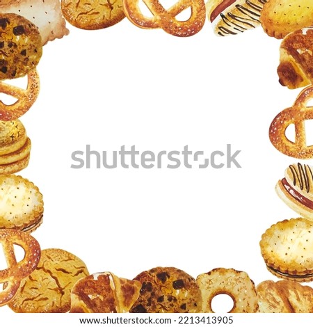 Watercolor sweet cookies frame hand painting. For cafe menu, for barista, for stickers and postcards, for all, who like fresh pastry
