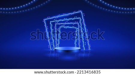 Christmas Cylinder Podium with Blue Lights and Neon Frames on Dark Background. Vector clip art for your holiday project.