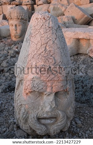 Ancient Statues on top of the Nemrut Mountain. Heads of statues. Ancient religious sanctuary of Commagene. Nemrut National Park in Adiyaman, Turkey. UNESCO World Heritage Site.
