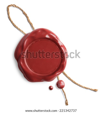 Red wax seal with rope isolated on white Royalty-Free Stock Photo #221342737