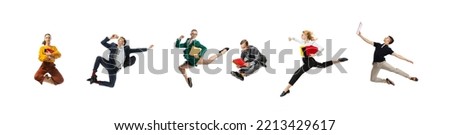 Busy youth. Startup. Set of images of business men and women in office style clothes working, dancing isolated on white background. Work, career, teamwork, inspiration and ad concept. Royalty-Free Stock Photo #2213429617