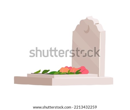Cemetery. Muslim tombstone. Grave. Flowers on a stone. Pink bouquet. Vector illustration. Royalty-Free Stock Photo #2213432259