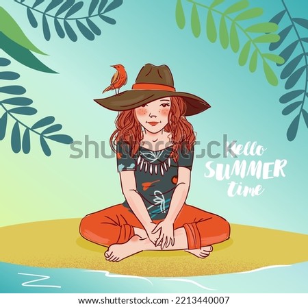 Cute girl with bird. Nature landscape background. Summer holidays illustration. Vacation time Royalty-Free Stock Photo #2213440007