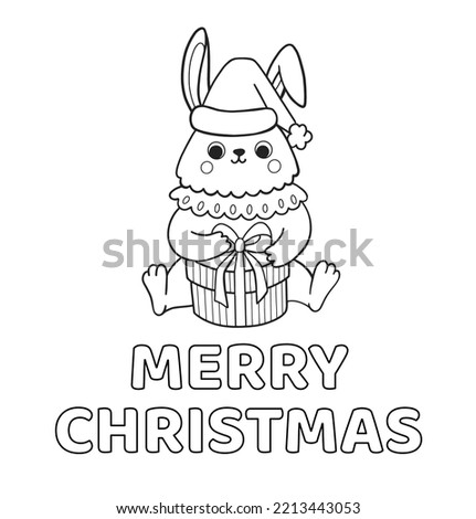 Merry christmas coloring book page, postcard, print. Cute rabbit in christmas hat opening gift box. Bunny cartoon character. Outline doodle vector illustration. 