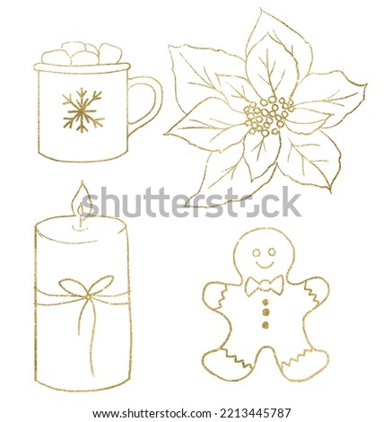 Christmas clipart with Poinsettia flower, candle, mug and Cookie illustration isolated, golden outlines, Engraving style. Elements for holiday greeting cards, winter wedding invitations