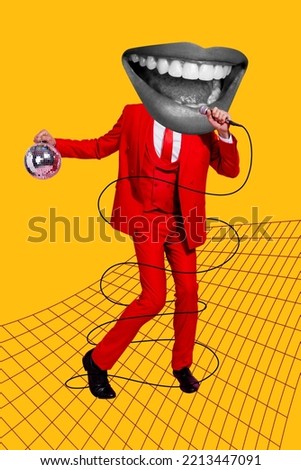 Creative drawing collage picture of funny funky man singer entertainer singing mouth instead head dancing have fun hold disco party ball