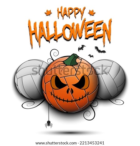 Happy Halloween. Template volleyball design. Three volleyball balls, one of which is in as a pumpkin. Pattern for banner, poster, greeting card. Vector illustration on an isolated background