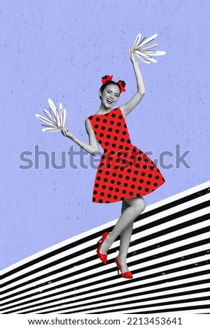Composite collage picture image of excited cute young woman retro vintage dress party disco cheerleader have fun dancing drawing background