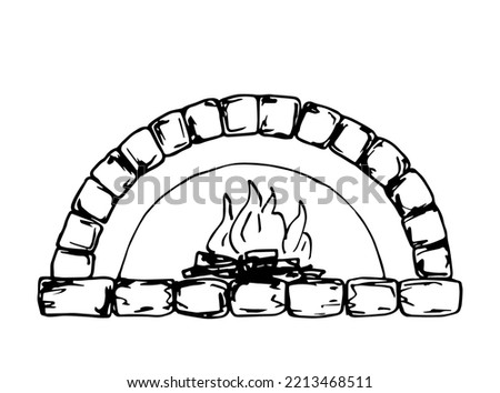 Simple hand drawn black outline vector drawing. Antique stone oven, open fireplace. Sketch in ink.